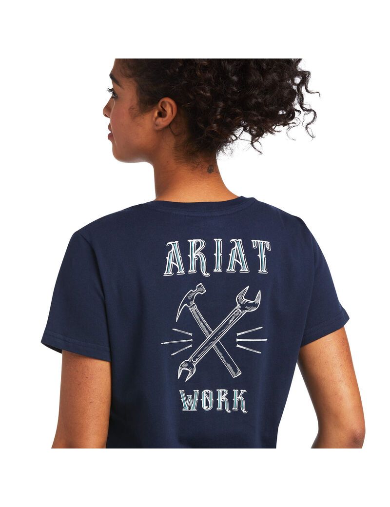 Ropa De Trabajo Ariat Rebar Algodon Strong Wrench Estampados T Shirts Azul Marino | SRO623017