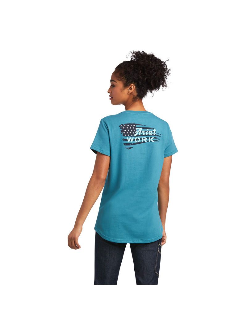 Ropa De Trabajo Ariat Rebar Algodon Strong Flag Estampados T Shirts Azules | YRN429367