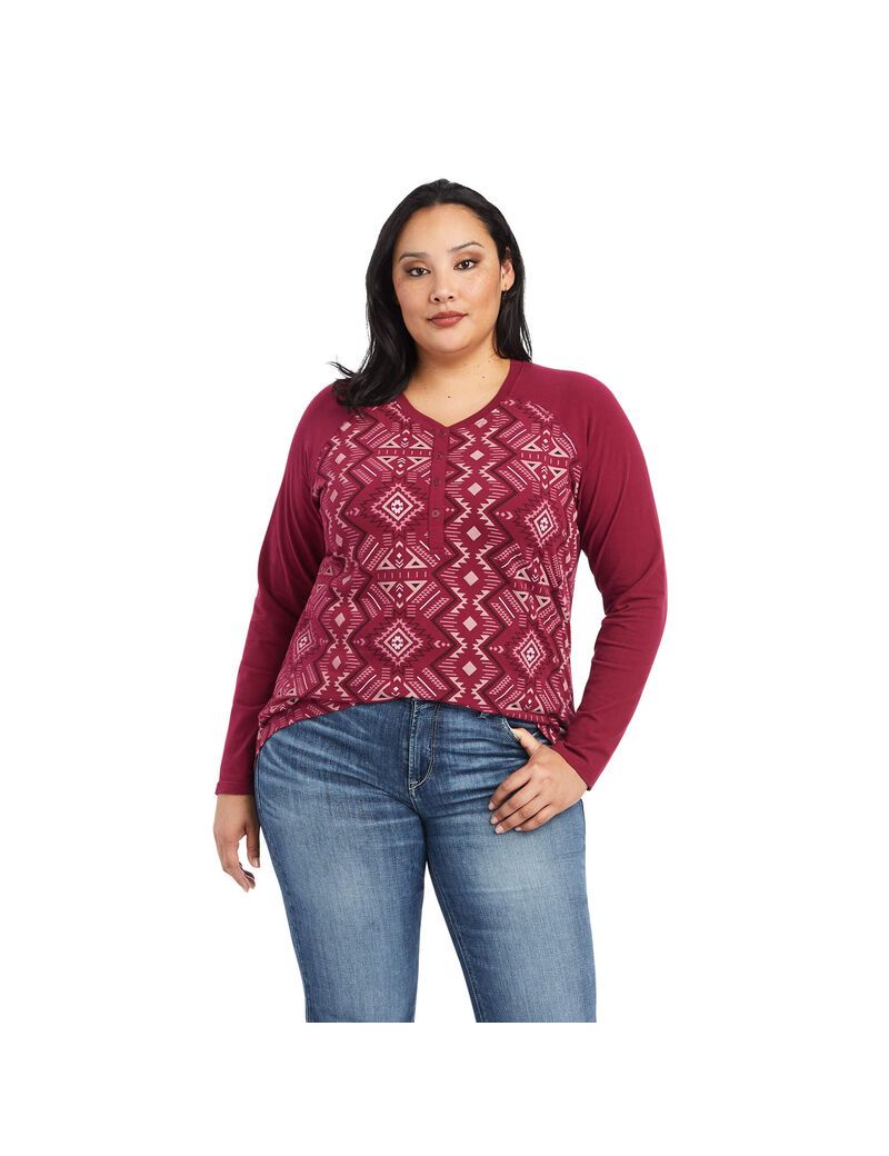 Tops Ariat REAL Printed Henley Multicolor Rojos | JML982746