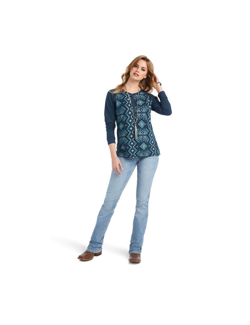 Tops Ariat REAL Printed Henley Multicolor Azul Marino | XVW870193