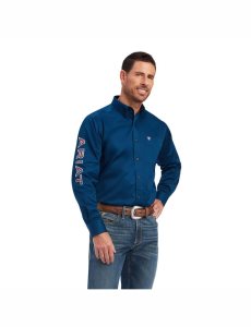 Camisas De Traje Ariat Team Logo Twill Classic Fit Azul Marino | XHC894062